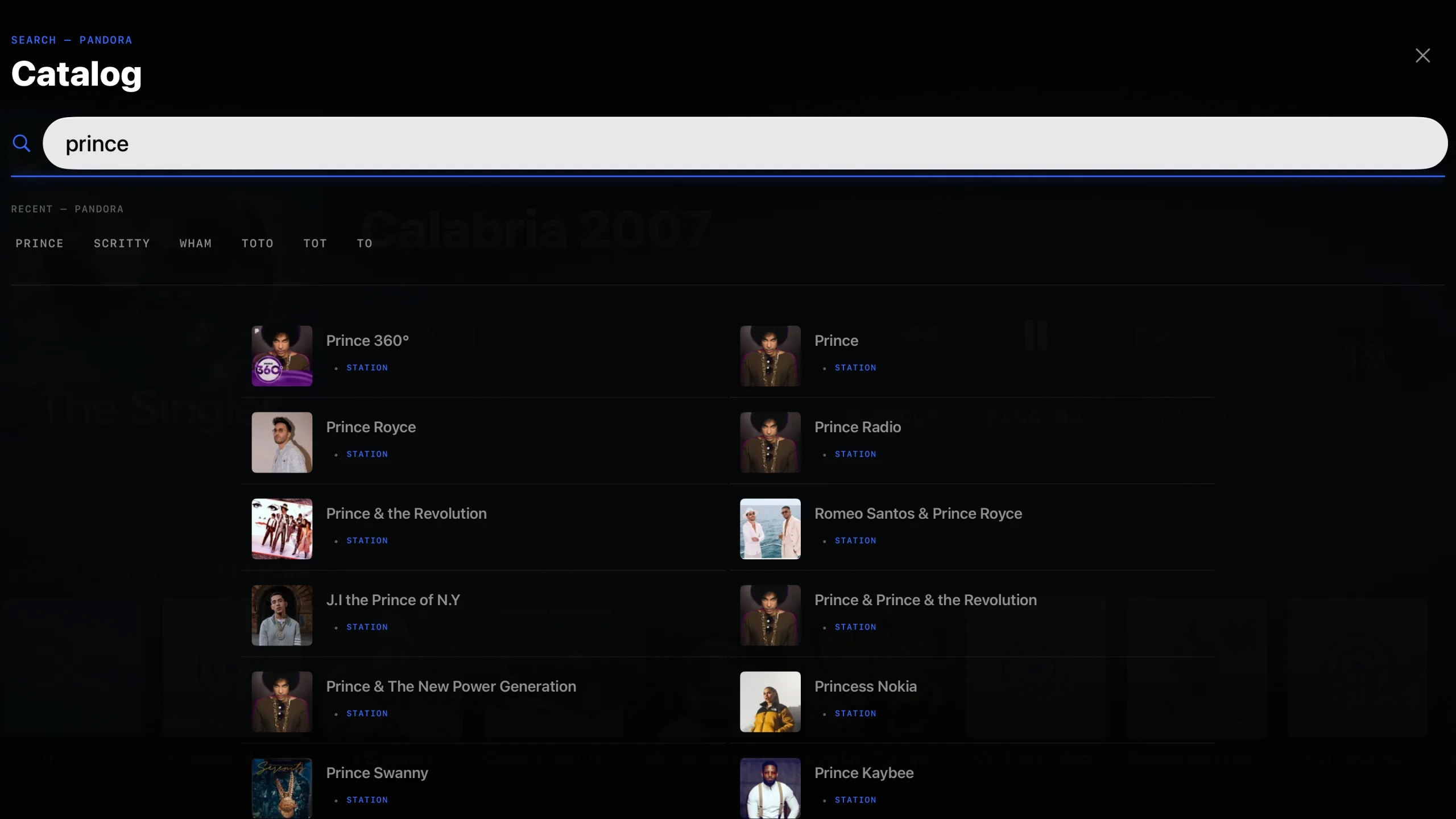 Dial catalog search across a music service, showing stations matching the letters typed so far
