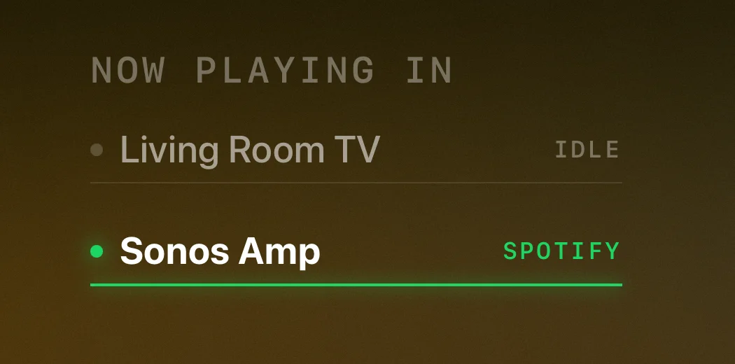 The room list on the Dial now-playing screen: Living Room TV idle, Sonos Amp playing from Spotify with a green active underline