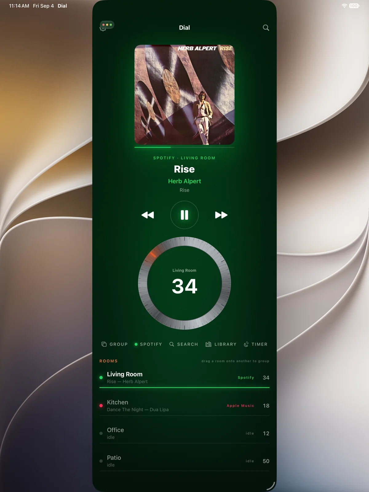 Dial on iPad: the record and the volume dial above the list of rooms