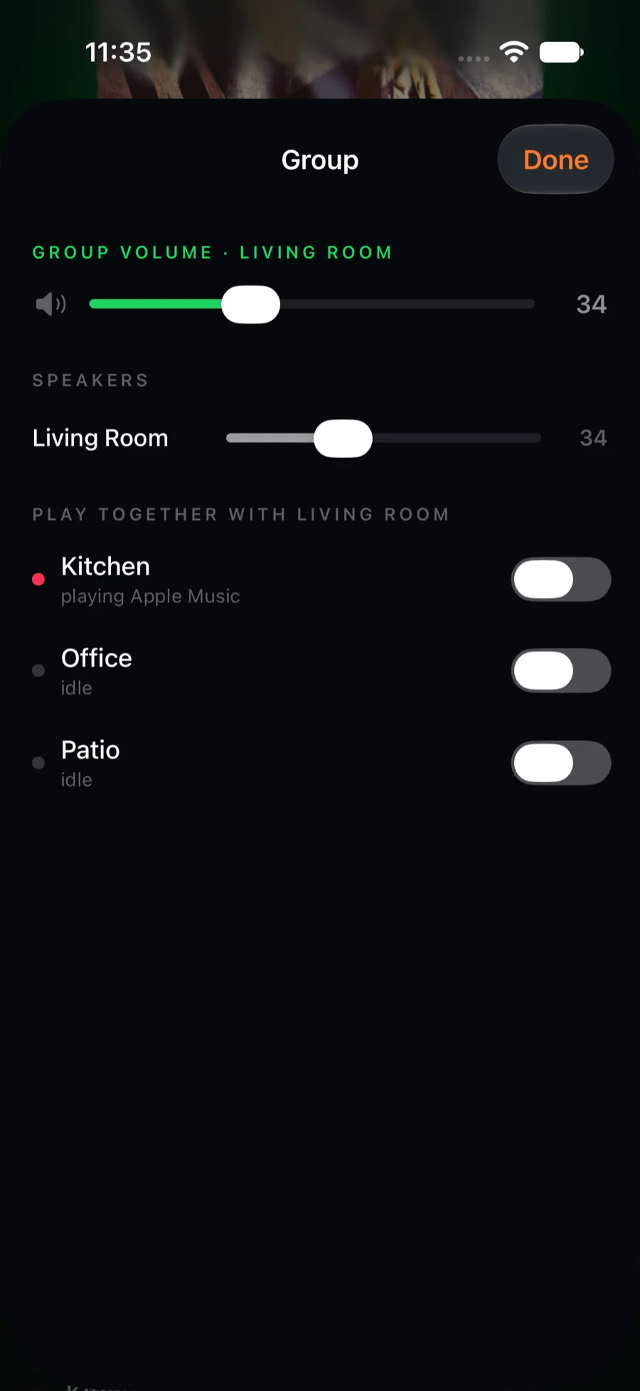 Dial on iPhone: the Group rooms sheet with a switch per room