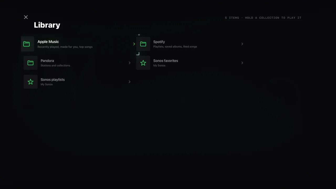 Dial Library: service folders beside Sonos favorites and playlists