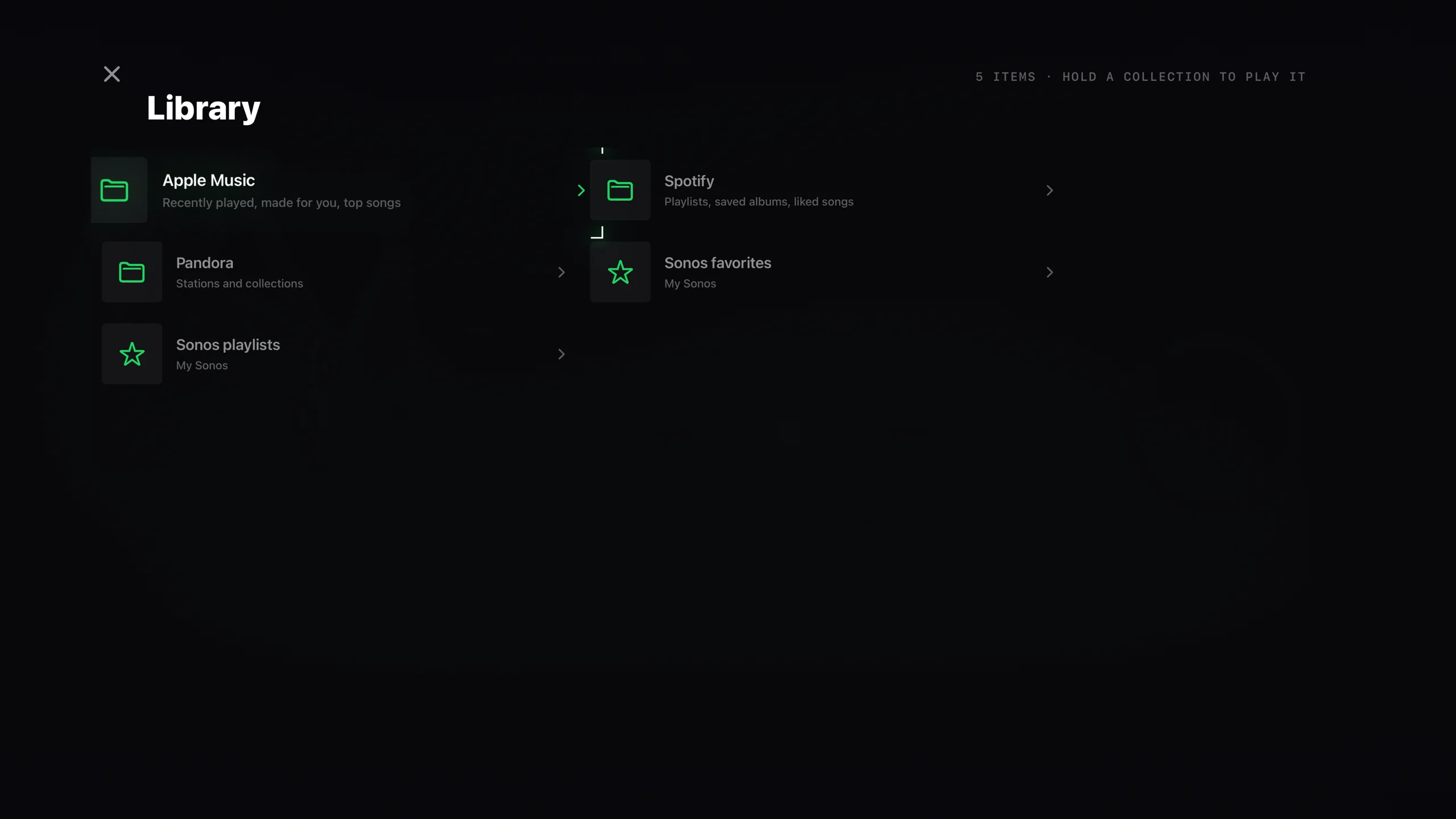 Dial Library: folders for Apple Music, Spotify and Pandora beside Sonos favorites and Sonos playlists