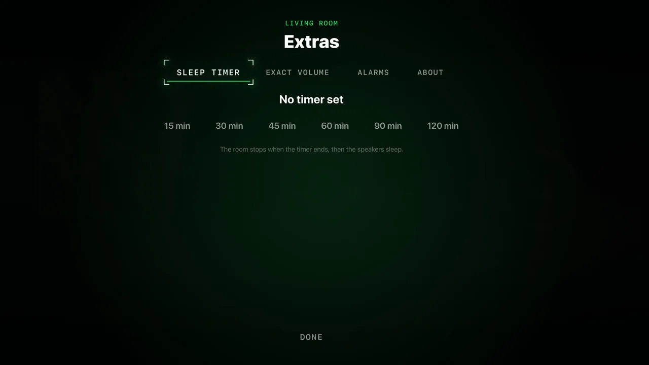 Dial Extras layer on the television: sleep timer, exact volume, alarms and about, with sleep timer durations from 15 to 120 minutes