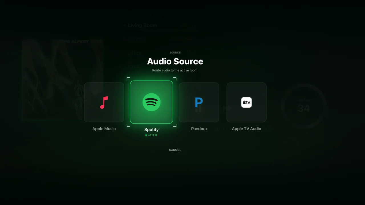Dial audio source picker with Apple Music, Spotify, Pandora and Apple TV audio