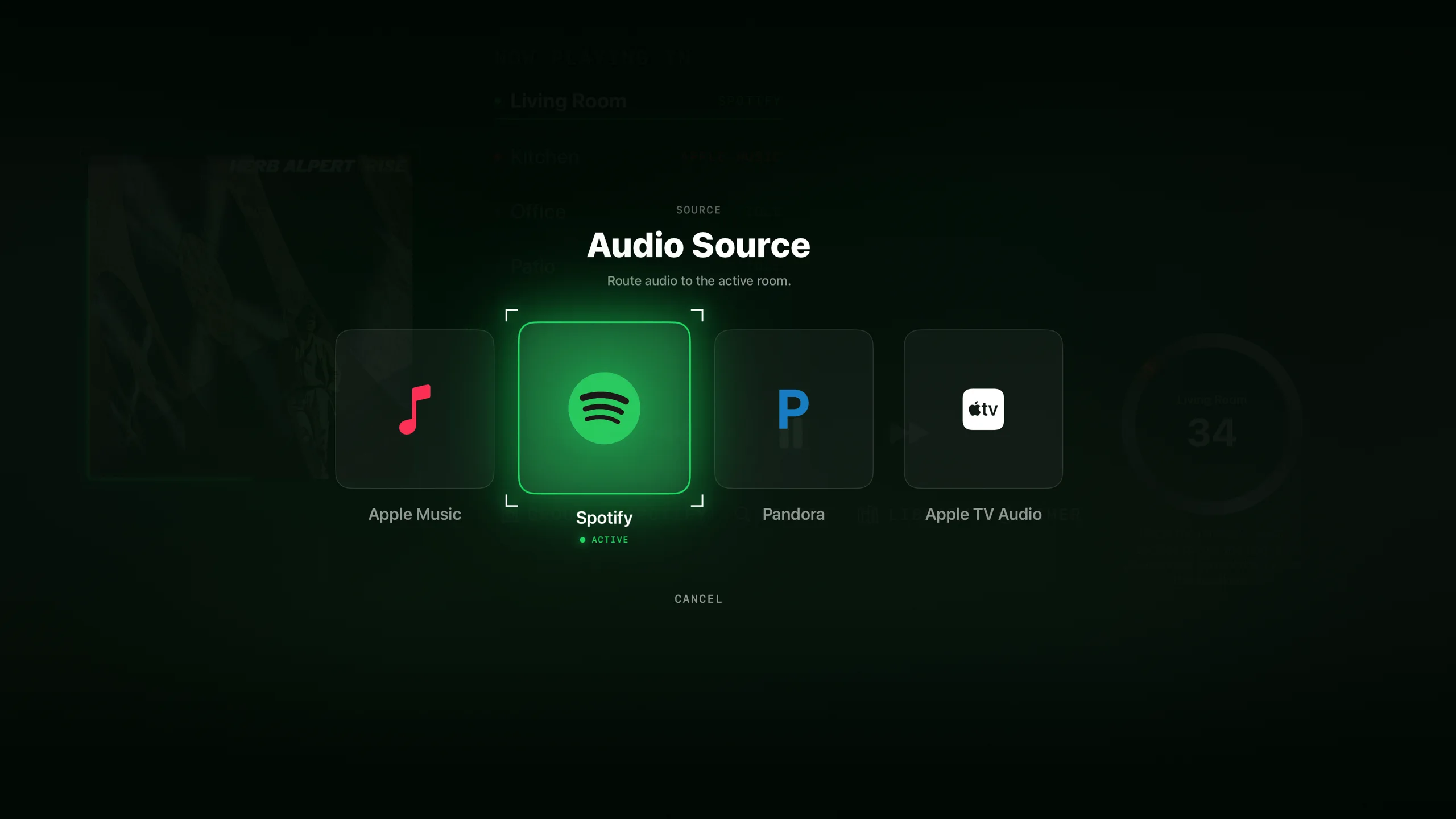 Dial audio source picker: Apple Music, Spotify, Pandora and Apple TV audio as selectable tiles